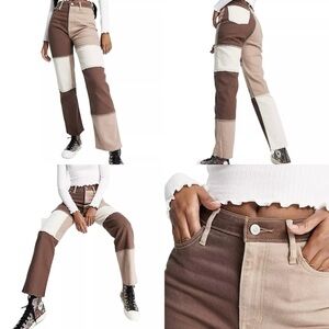 Hollister Womens Ultra High Rise Dad Jeans Patchwork Tan Chocolate Brown Size 25